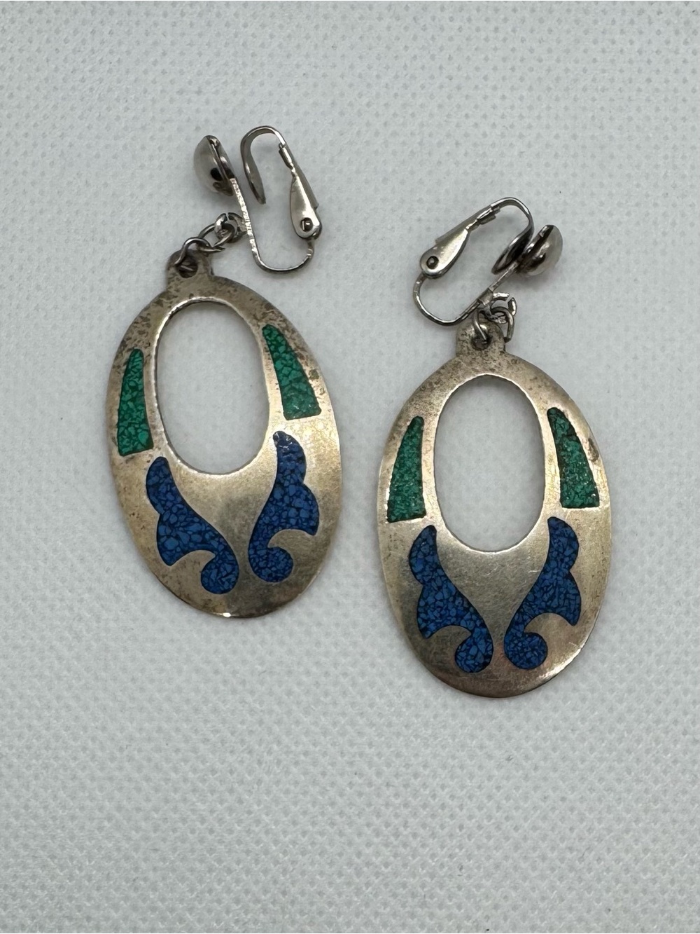 Alpaca Mexico Silver Tone Blue Green Clip On Earrings Vintage Style
